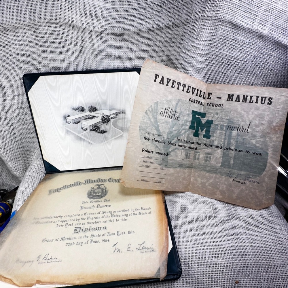 1964 Fayetteville-Manlius Central School Diploma & Athletic Award Folder NY